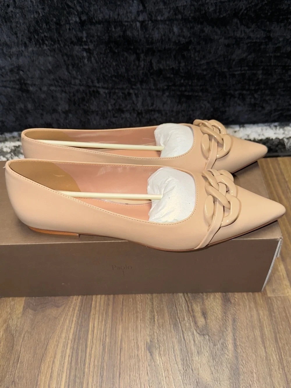 Paolo Pointed Toe Chain-Link Flats in Beige
